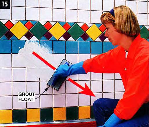 Use the grout float diagonally, packing grout firmly between the tiles