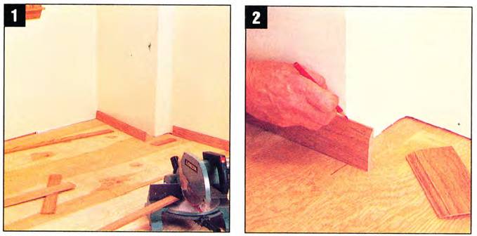 Cut your baseboard to rough lengths and set them in place, choosing the nicest pieces in the most visible areas; start marking the outside corners first