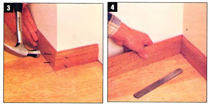 Fasten baseboard with two finish nails - the top nail into a stud, the bottom nail into the sole plate