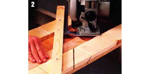 Adjust your jig to a 45-degree angle, clamp your workpiece firmly against the jig fence, and make the cut