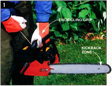 grip your chainsaw using your knees, use your left hand to hold the upper handle, and the right hand is free to start the engine. pay attention to the chain, since the kickback zone is the tip of the chainsaw.