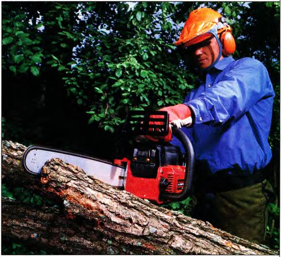 arborist operating chainsaw to cut up a tree and wearing a helmet, face shield, ear protection, and chainsaw gloves