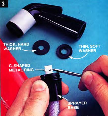 Pay attention to all the sprayer head parts when disassembling it - the sprayer base, the C-shaped metal ring, a thick and hard washer, and the thin and soft washer