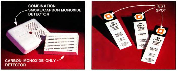 The left photo has a combination smoke-carbon monoxide detector on the left and carbon monoxide-only detector in the right, and the right photo has several air check sensors to be placed near a furnace or a water heater