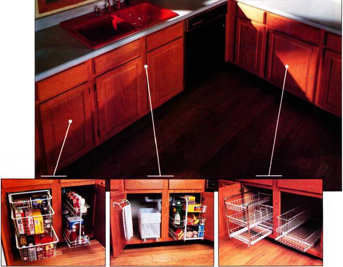 The variety of baskets, racks, and trays in this kitchen gives many options for storing a variety of items