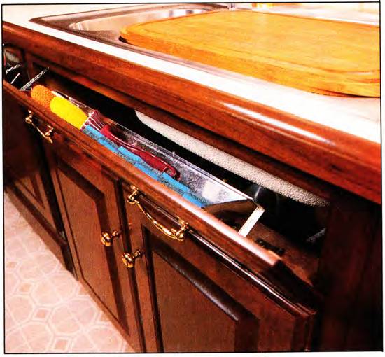 The sink front panels also create opportunities for storing long items