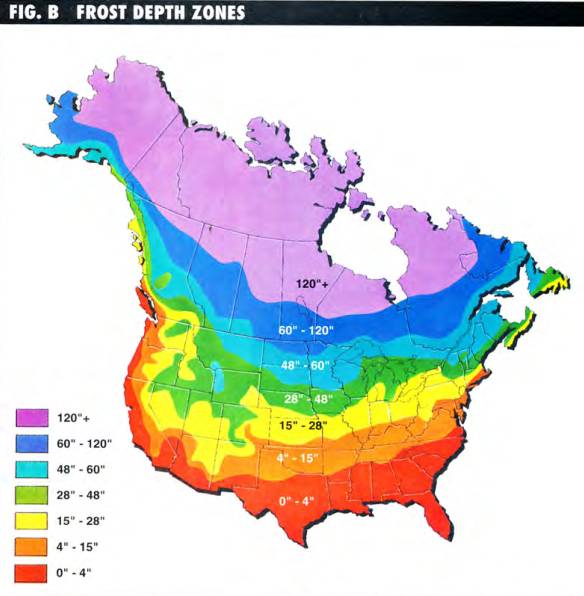 Map of frost depth zones in North America