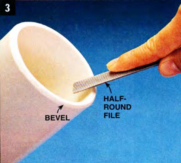 Use a half-round file to create a bevel on the inner and outer edges of the pipe section you just cut, removing the burr and ensuring a better fit