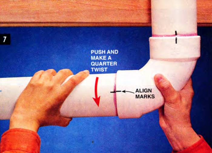 Push both parts together and make a quarter twist, aligning the positioning marks, and hold tightly for 15 seconds