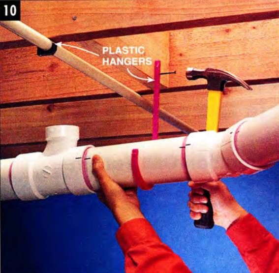 Use plastic hangers or steel bending to support plastic pipe