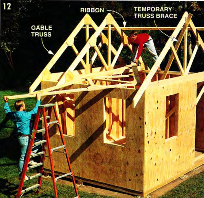 Life the trusses into place, setting and bracing the two gable-end trusses first, and only later position and nail the intermediary trusses