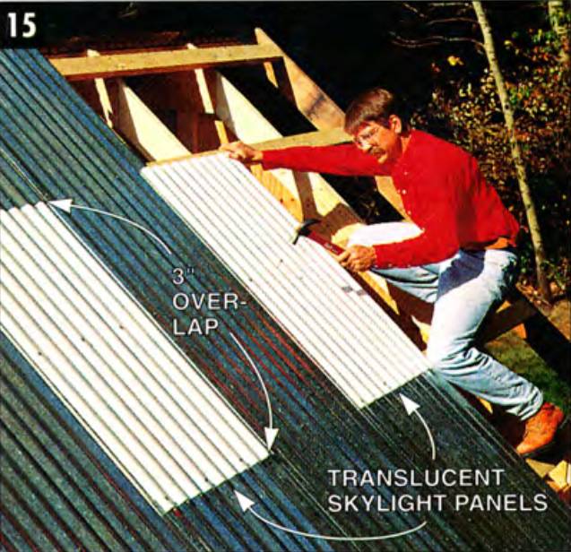Install translucent skylight panels, overlapping 3-4 inches onto lower panels