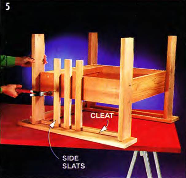 Turn the chair upside down and attach the side slats, using a spacer to ensure uniform distancing
