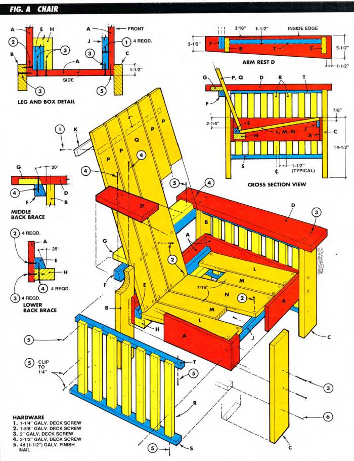 Exploded view of the outdoor chair free plans, with dimensions and details