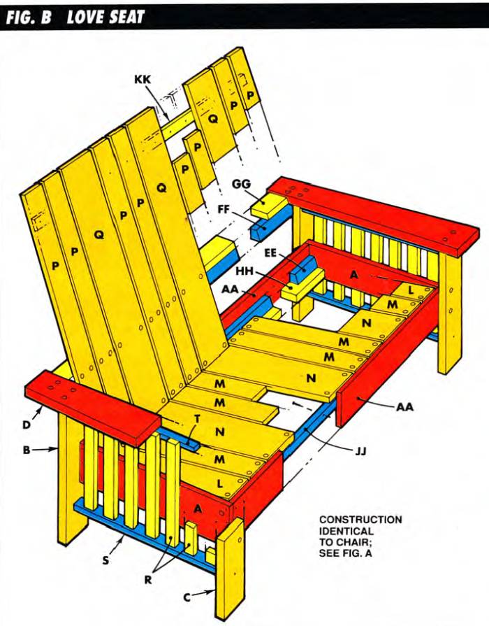 Exploded view of the outdoor love seat free plan with dimensions and assembly instructions