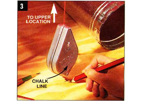 Using a simple chalk line box to transfer a location up and down is a neat trick for plumb