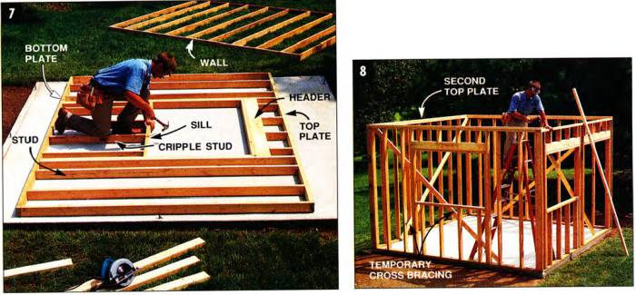 Nail walls together and ensure the rough openings for the windows and doors fit the ones you plan on using; nail on tio plates to tie the corners together and reuse the concrete form as cross bracing