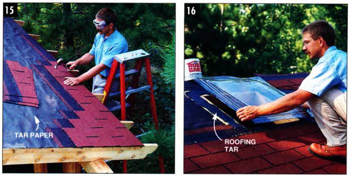 Nail the shingles over tar paper and install the skylights