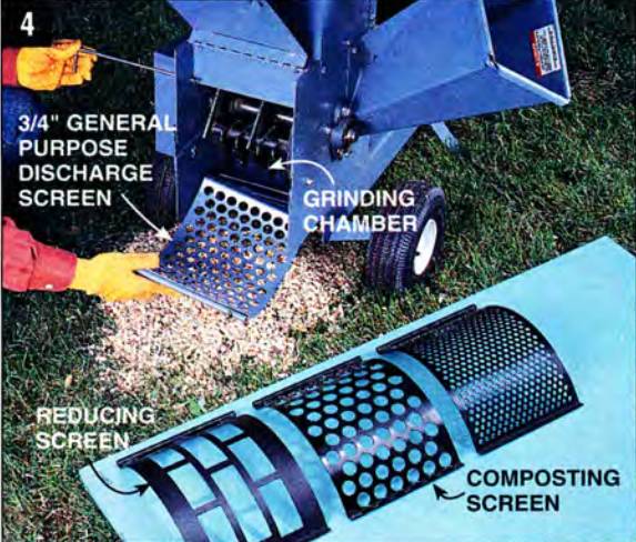 the grinding chamber keeps reducing the size of the wood chips until they are small enough to pass through the selected screen. there are several sizes available, such as a three-quarter general purpose discharge scree, a reducing screen for bigger chunks, and a composting screen for finer chips