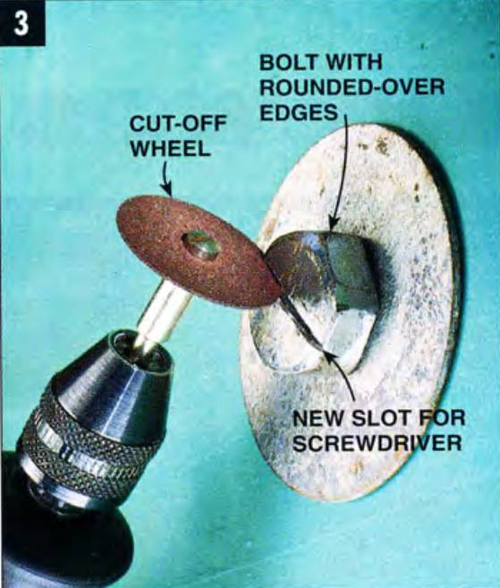 if your bolt edges became rounded over, you can use a cut-off wheel on your rotary tool and create a slot for a screwdriver to loosen that old bolt