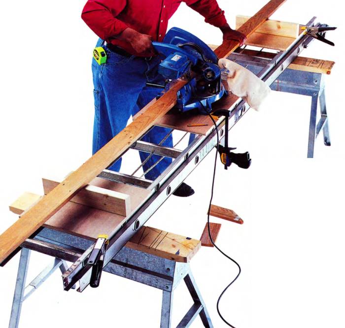 you can improvise a miter saw station by using an extension ladder supported by a couple of sawhorses