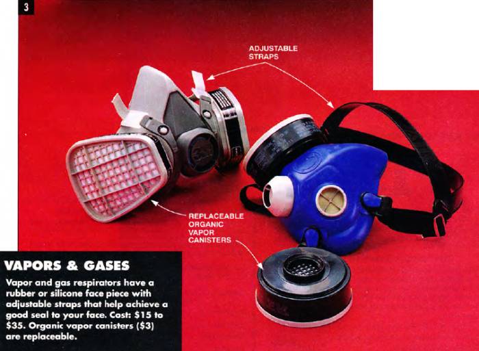 Vapor and gas respirators have a rubber or silicone face piece with adjustable straps that help achieve a good seal to your face; organic vapor canisters are replaceable